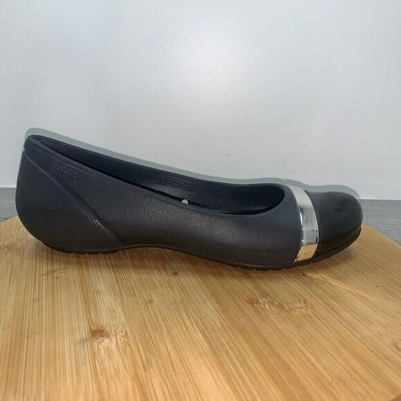 Crocs Size 8 Cap Toe Mirror Women's Black Ballet Slip On Flats 202308 Comfort - Picture 1 of 9